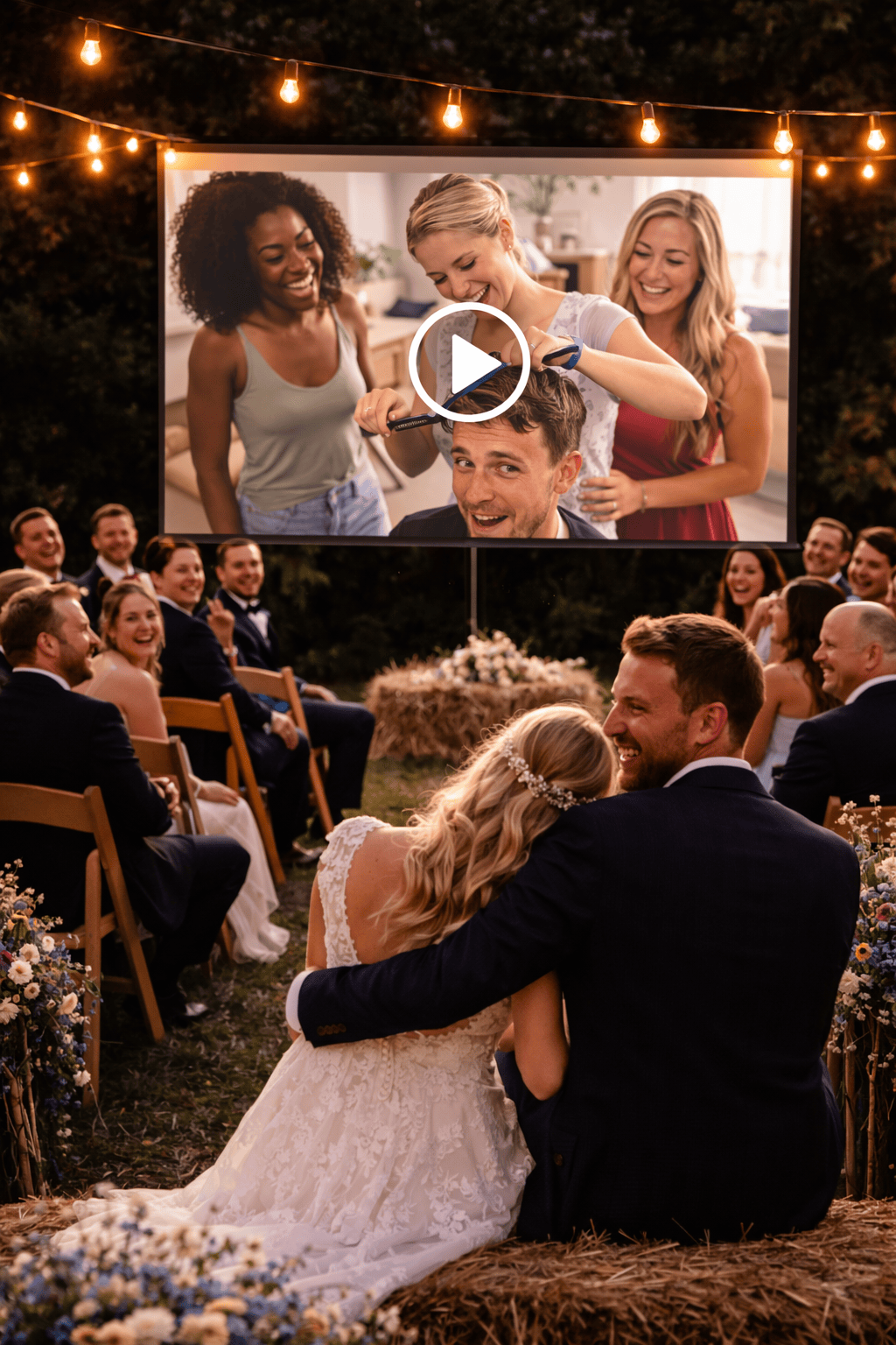 Hochzeitsgäste schauen gemeinsam den Weddi-Film auf einer Leinwand
